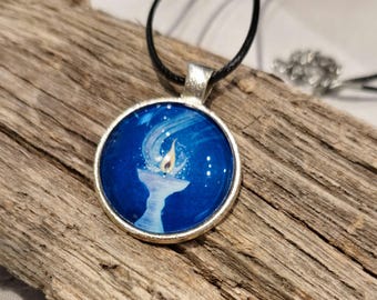 Handmade UU Chalice Pendant Necklace, Blue Radiance, Miniature Art Print Pendant Clear Glass Cabochon, Silver Bezel Art Jewelry,