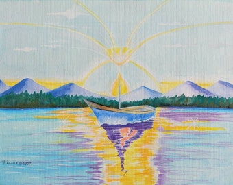 Blue Boat Home Watercolor Print, Sunrise Lake Art, UU Flaming Chalice Symbol