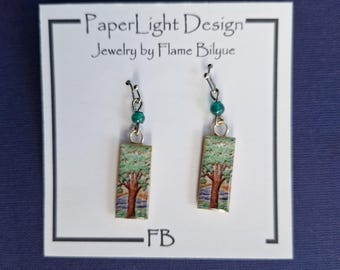 Oak Tree Earrings, Green Glass Beads, Recycled Paper Jewelry