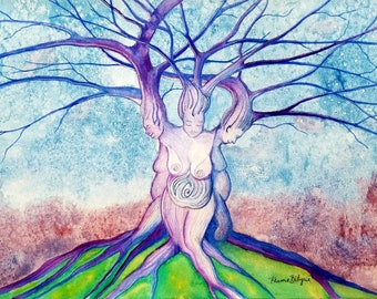 May include: Watercolor painting of three women intertwined as a tree with purple, blue, and green hues. The women are depicted as the trunk of the tree with their heads forming branches. The background is a light blue with white speckles.