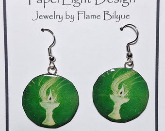 Green Flaming Chalice Earrings, Green Radiance, Unitarian Universalist Art, Eco Friendly, recycled material