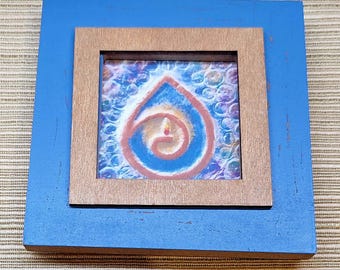 Framed Flaming Chalice Miniature Art Print, 4 By 4 Inch Distressed Blue And Natural Wood Frame, UU Desk Decor, Unitarian Universalist Gift