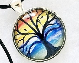 Rainbow Tree of Life Necklace, Watercolor Art Print, Miniature Art Print Pendant, Clear Glass Cabochon, Silver Bezel Art Jewelry
