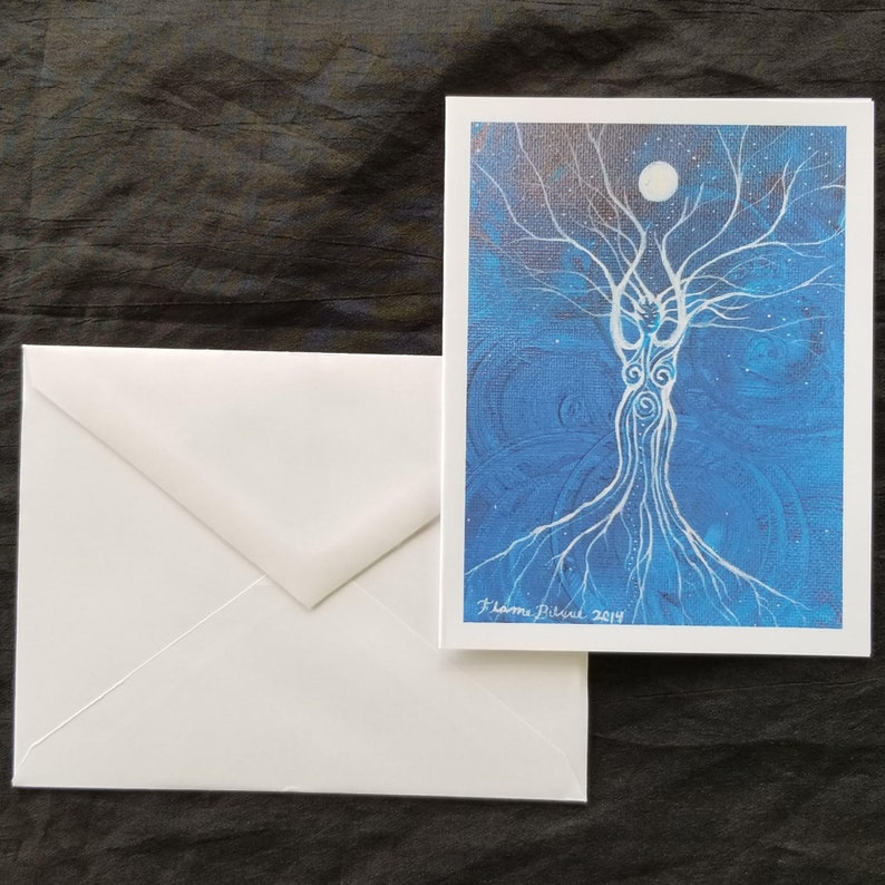 May include: A white tree with a female figure in the trunk, against a blue background with white stars and a white moon. The artist's signature "Flame Divine 2014" is in the bottom right corner.