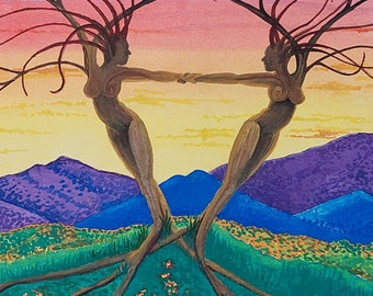 Gemini Twins Tree Sisters Art Print, Zodiac Constellation Illustration