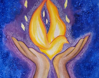 Flaming Chalice Watercolor Painting,Fine Art Print Dove of Peace, UU Art