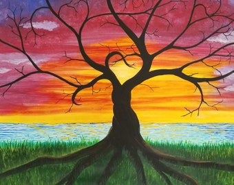 Tree of Life Watercolor Print: "Rooted in Love" Rainbow Sunset, Unitarian Universalist Art