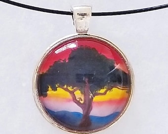 White Oak Watercolor Tree Pendant, Blue Ridge Mountains Art, Sunrise Sunset Necklace