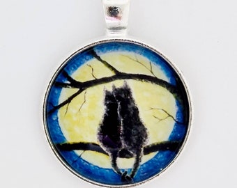 Black Cats Full Moon Pendant: Silver/Copper Glass Charm Necklace, Miniature Art Print Pendant Clear Glass Cabochon, Silver Bezel Art Jewelry