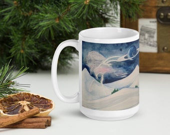 Capricorn Zodiac Ceramic Coffee Mug, Winter Mountain Scene, Astrology Gift