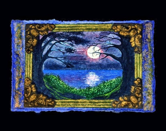 Original Acrylic Painting, Paper Sculpture, Fine Art Print, Full Moon,  Moonlight Lake, Twilight Forest, Fantasy, Landscape, Paper Mache 