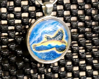Raven Necklace, Raven's Flight Art Pendant: Shamanic Surreal, Miniature Art Print Pendant, Clear Glass Cabochon, Silver Bezel Art Jewelry