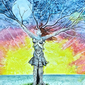 May include: Watercolor painting of a woman with long red hair, standing with arms outstretched, as a tree with roots growing into the ground. The woman's body is the trunk of the tree. The background is a sunset with a blue sky and stars.