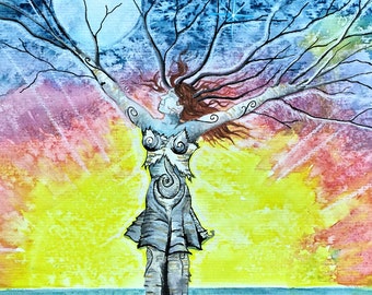 Tree Goddess Art Print, Chakra Dance, Rainbow Sky, Pagan Fantasy