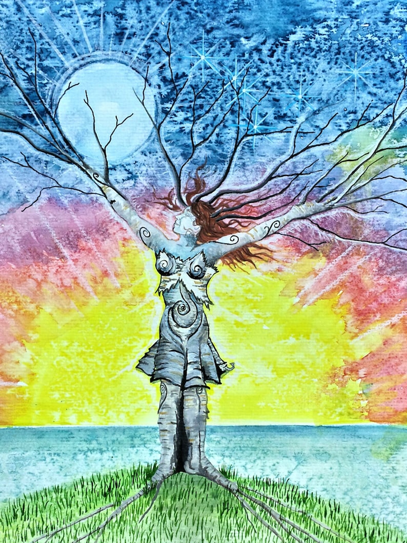 May include: Watercolor painting of a woman with long red hair, standing with arms outstretched, as a tree with roots growing into the ground. The woman's body is the trunk of the tree. The background is a sunset with a blue sky and stars.
