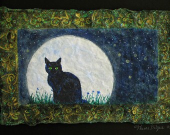 Black Cat Moon Art Print, Sculpted Paper Painting, Wiccan Pagan Decor