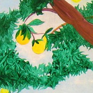 Op de afbeelding: Een schilderij van een boom met groene bladeren en een bruine stam. Er hangen gele vruchten aan de takken.