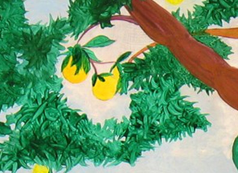 Op de afbeelding: Een schilderij van een boom met groene bladeren en een bruine stam. Er hangen gele vruchten aan de takken.