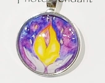 Flaming Chalice Necklace, Miniature Art Print Pendant Clear Glass Cabochon, Silver Bezel Art Jewelry, UU Jewelry (Key Ring Option)