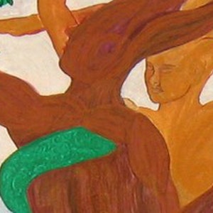 Op de afbeelding: Een schilderij van twee figuren die met een groene wijnstok met elkaar verweven zijn. De figuren zijn naakt en hebben een bruine huid. De achtergrond is wit.