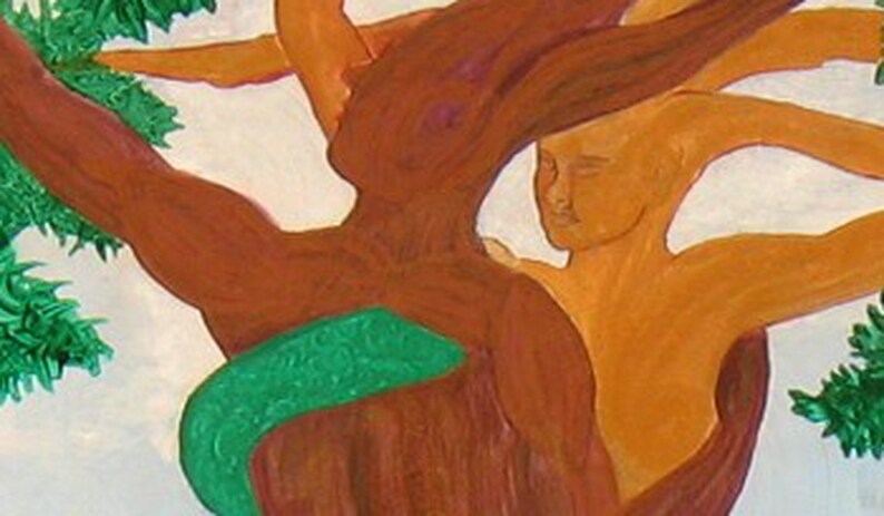 Op de afbeelding: Een schilderij van twee figuren die met een groene wijnstok met elkaar verweven zijn. De figuren zijn naakt en hebben een bruine huid. De achtergrond is wit.
