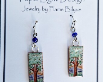 Oak Tree Earrings, Blue Glass Beads, Recycled Paper Art Jewelry