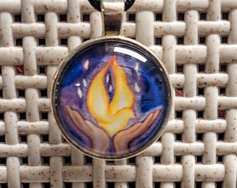 Flaming Chalice Necklace, Miniature Art Print Pendant Clear Glass Cabochon, Silver Bezel Art Jewelry, Dove of Peace, UU Art