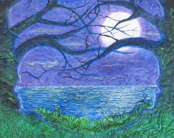 Tree Spirit Painting: Full Moon Lake, Sculpted Paper Art Print