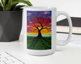 Tree of Life Mug, Sunset Art, Ceramic Coffee Cup, Rooted in Love Hearts