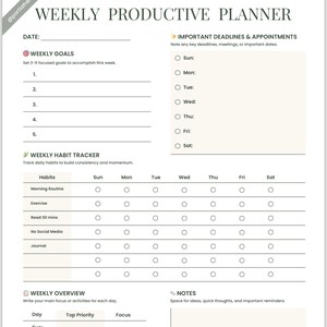 Elegante agenda semanal con seguimiento de estado de ánimo, hábitos y reflexiones. Para una mayor productividad y organización. Minimalista, sin fecha, PDF imprimible.