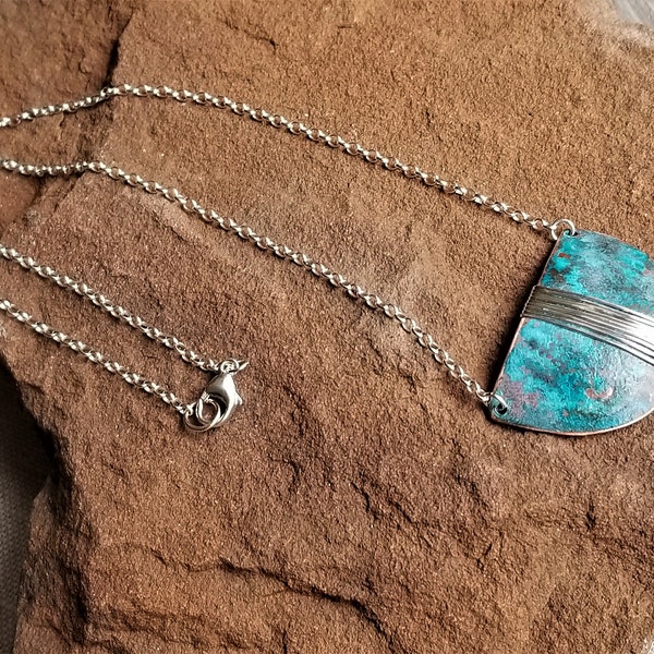 Blue Patina Pendant, Half Circle, Sterling Silver, Wire Wrapped, Mixed Metals, Turquoise half moon, Boho, Casual