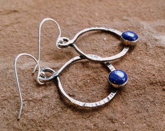 Blue Lapis and Sterling Silver Hammered Hoop Earrings