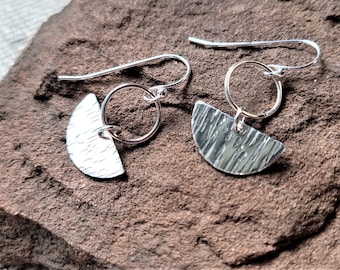 Sterling Silver Half Moon Earrings, Half Circle, Dangle Earrings, Metalwork Earrings, Hammered Silver, Geometric Earrings, Funky, Organic