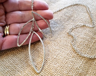 Silver Leaves, Sterling Silver Long necklace, Hammered Silver, 3 Leaf Pendant, Artistic Jewelry, Sterling silver Chain, Unique, Artsy, Bebe