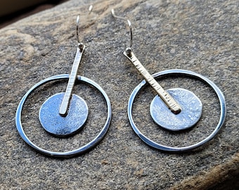 Geometric Silver and Gold Earrings, Statement Earrings, Sterling Silver, Mixed Metal, Circle, Hammered, Textured, Modern