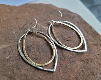 Sterling Silver w/Gold Double Teardrop Earrings, Large Mixed Metal Teardrop, Textured Teardrop Hoops, Silver, Gold, Metalwork, Artisan,