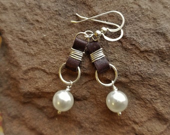 Leather and Pearl Earrings, Sterling Silver, Freshwater Pearls, Cream, White, Rustic, Elegant, Sundance Style, Boho, Mixed Media, Artisan