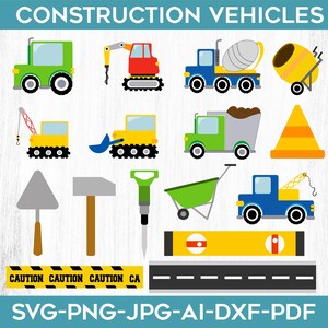 May include: A set of colorful construction vehicle illustrations, including a cement mixer, dump truck, crane, bulldozer, and a jackhammer. There are also tools like a trowel, hammer, and a wheelbarrow. The illustrations are on a white background with a yellow caution tape and a black road.