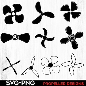 May include: A selection of black propeller designs in different styles. The image shows propellers with two, three, four, and five blades, plus a bow-tie shape. The text "SVG-PNG" and "PROPELLER DESIGNS" are at the bottom of the image.
