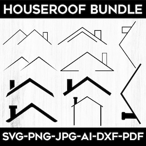 Peut inclure: Un ensemble de dix fichiers de découpe SVG de toits de maisons en noir et blanc. Les formes de toits sont simples et modernes, avec une variété de styles parmi lesquels choisir. Le texte "HOUSEROOF BUNDLE" est en haut de l'image. Le texte "SVG-PNG-JPG-AI-DXF-PDF" est en bas de l'image.