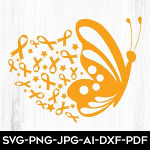May include: Orange butterfly silhouette with a cluster of orange ribbon designs around it. The ribbons are in the shape of awareness ribbons.
