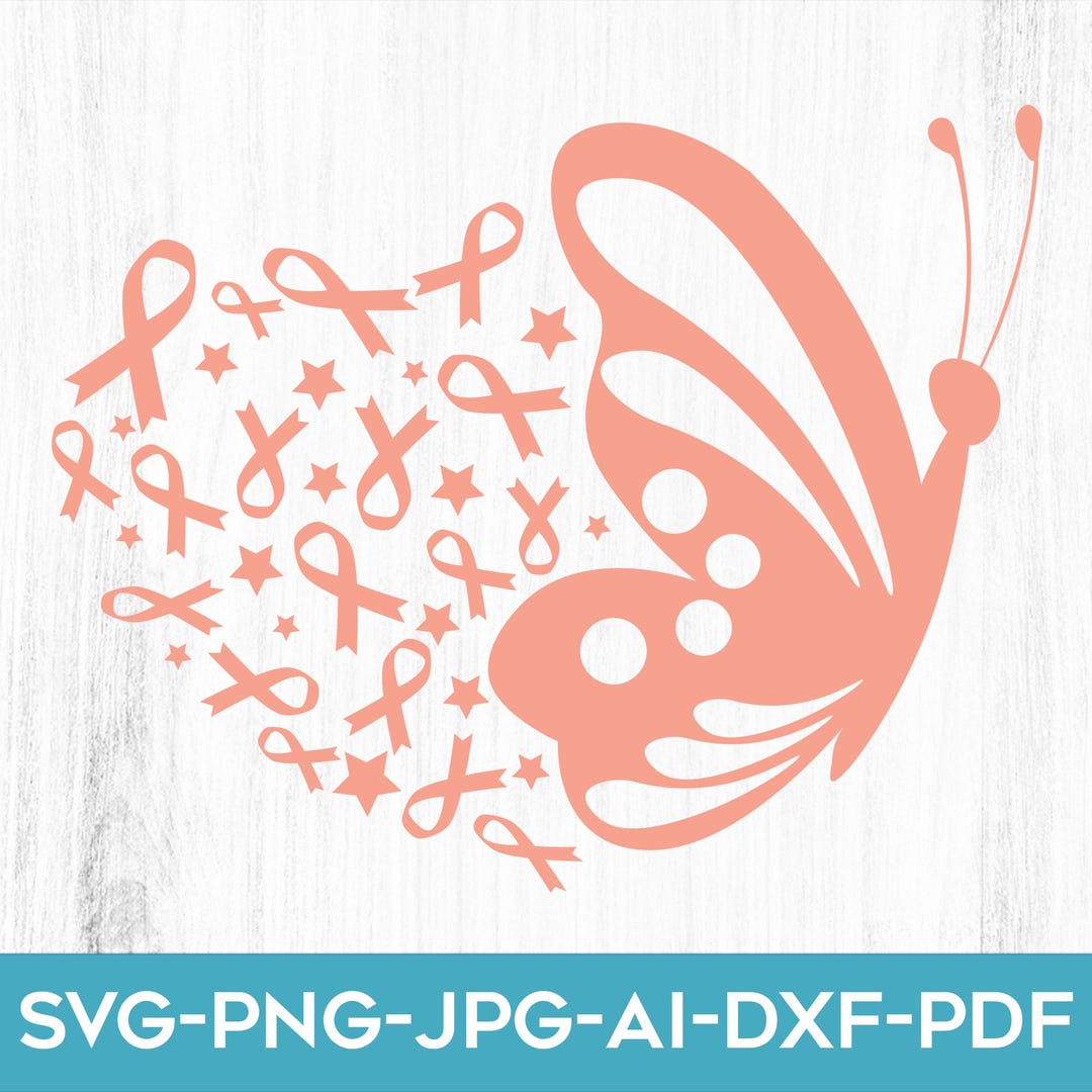 Butterfly Uterine Cancer Ribbon SVG, Peach Awareness Ribbon (digital ...