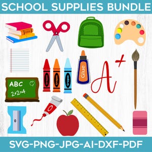School Supplies SVG Bundle: Crayon, Pencil, Apple (Cut Files)