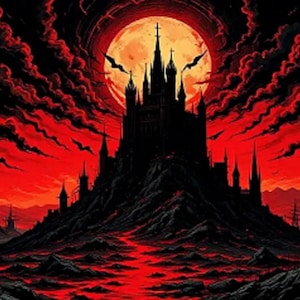 Puede incluir: Ilustración digital de un castillo gótico oscuro sobre una montaña, bajo un cielo rojo sangre con nubes oscuras y murciélagos. Una luna llena brilla detrás del castillo. Paisaje siniestro.