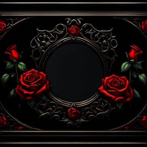 Puede incluir: Marco negro ornamentado con un círculo central oscuro, adornado con rosas rojas y filigranas intrincadas. Las rosas tienen pétalos detallados y hojas verdes, sobre un fondo oscuro. El marco tiene una estética gótica o vintage.