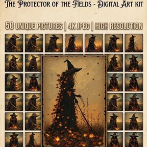 Puede incluir: Un kit de arte digital titulado The Protector of the Fields que incluye 50 imágenes únicas en alta resolución 4K JPEG. La colección muestra varias ilustraciones de una figura de bruja con sombrero puntiagudo y una capa adornada con hojas de otoño.
