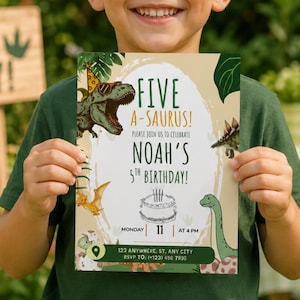 Vijf A-Saurus verjaardagsuitnodiging, dinosaurus 5e verjaardag uitnodigen, T-rex verjaardagsuitnodiging, dinosaurusfeest, digitale uitnodiging, boho, bewerkbaar