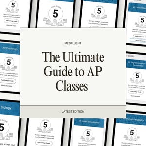 以下が含まれることがあります： Medfluentによる「The Ultimate Guide to AP Classes」というタイトルのガイドが表示されたデジタルディスプレイ。ガイドは、大学の単位認定を示すテキストとともに数字の「5」を表示する画面に囲まれています。最新版がハイライトされています。