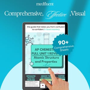 以下が含まれることがあります： 「AP Chemistry Full Unit 1 Review」と「Atomic Structure and Properties」のテキストが表示された化学学習ガイドが映し出されたタブレット。画面には「90+ Comprehensive Sheets」と「Comprehensive, Effective, Visual」の文字も表示されています。