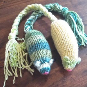 May include: Two knitted cat toys shaped like mice, connected by a braided rope. One mouse is yellow, the other is green and blue striped. Both have pink noses and white ears. The rope and tails are green and yellow.